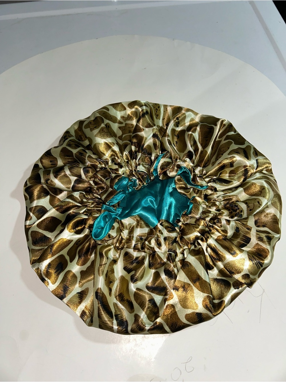 Satin Turquoise Sleep Bonnet with Leopard Accent - Picture 3 of 3